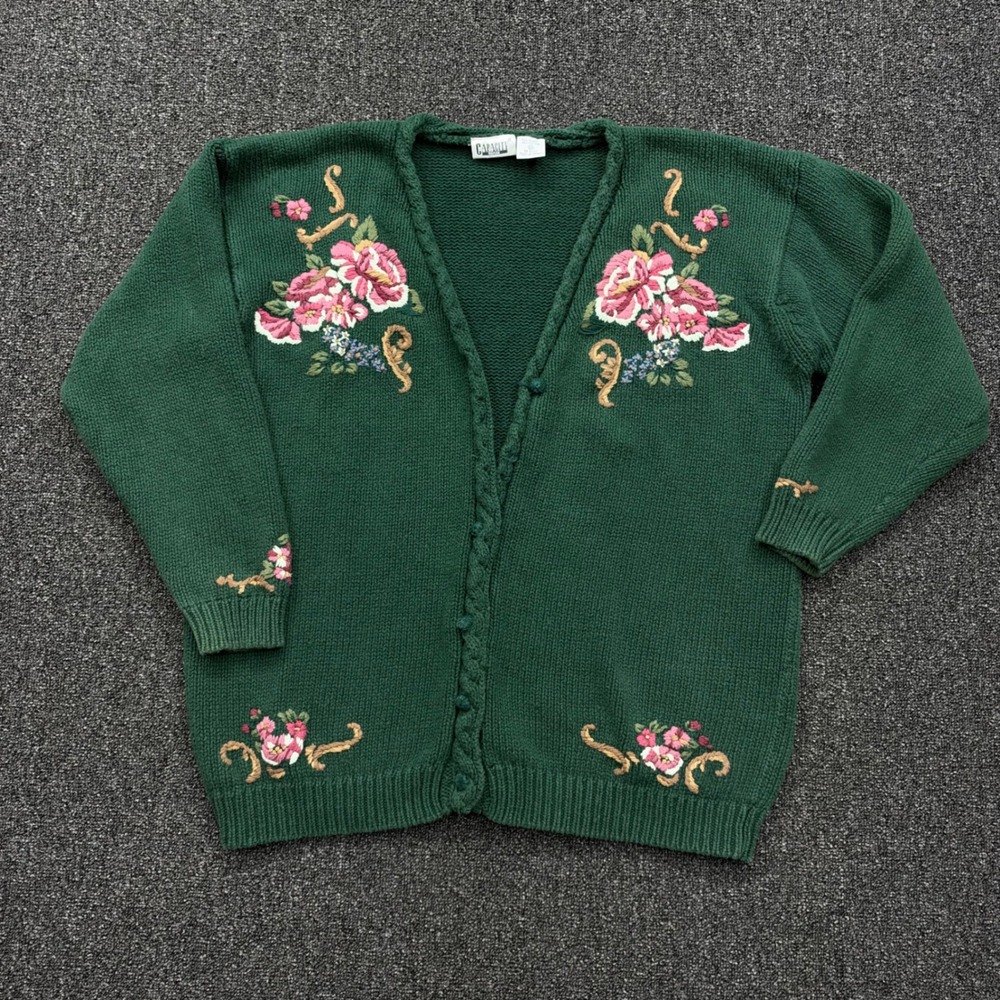 Capacity Floral Embroidered Knit Cardigan Women 2X Green fair cottagecore vtg
